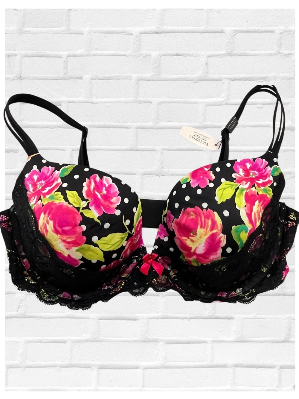 Victoria’s Secret 38D Floral Lace Underwire Push-Up Bra Black Pink Sexy Coquette